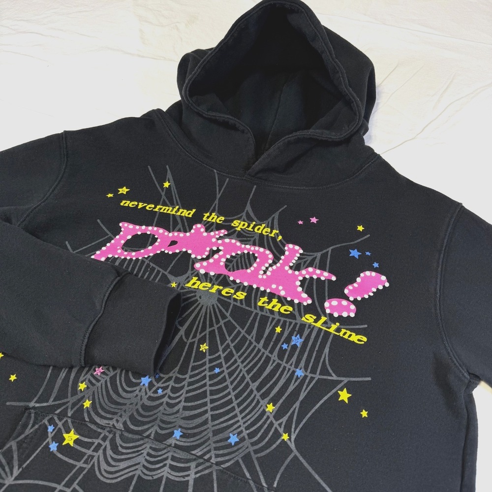 SP5DER Black Graphic Print Fleece Hooded Pullover Hoodie Men's Size Small